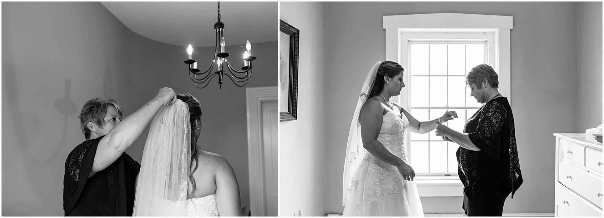 mom and bride with wedding dress